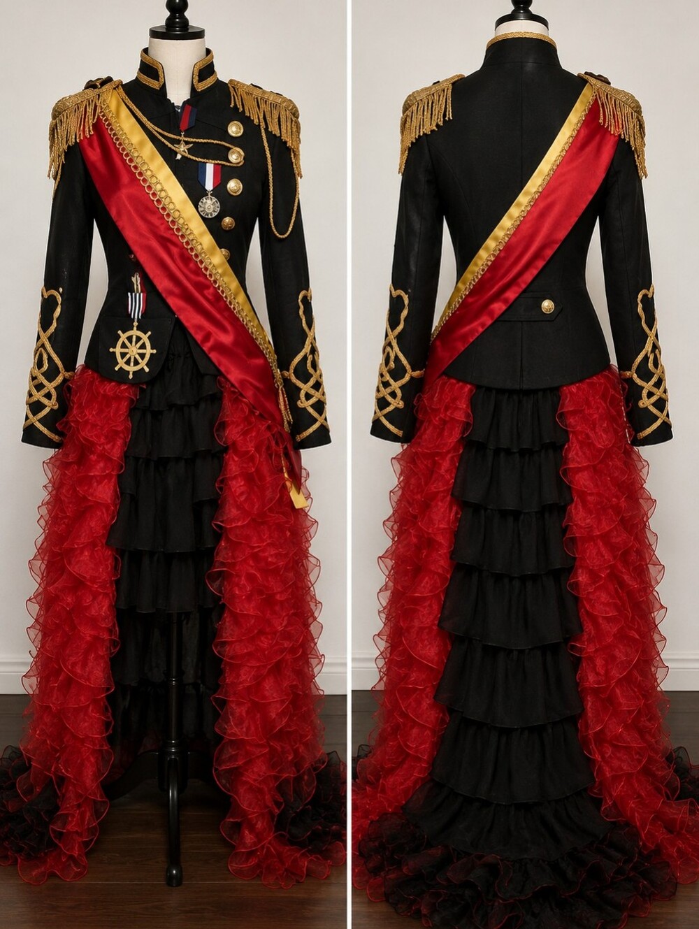 Black Military Style Jacket with Red and Gold Accents
